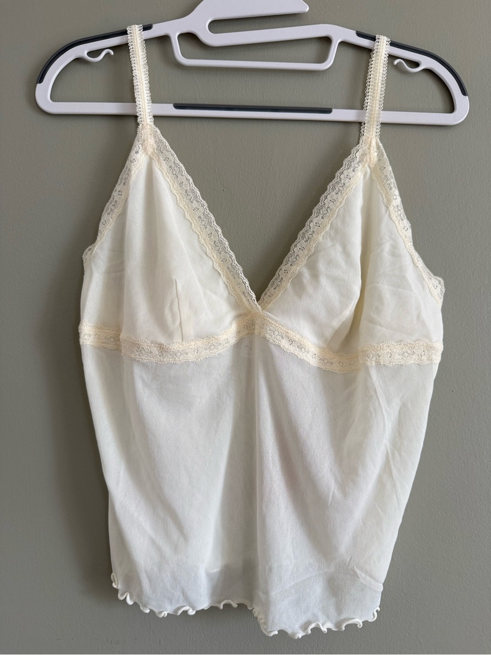 Natural Life Ivory Lace Trim Mesh Cami Tank Top Adjustable Straps Romantic Lg